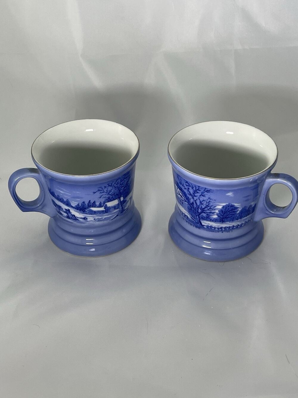 Currier and Ives Cups “The Farmers Home Winter” Blue Gold Rim Mug Set Of 2